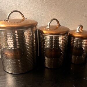 Kitchen Set 3 Canisters Lidded Stainless Steel & Copper~cucina